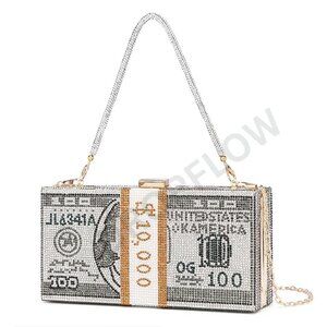 Rhinestone Evening Clutch Elegant Chic Party Handbag Removable Chain